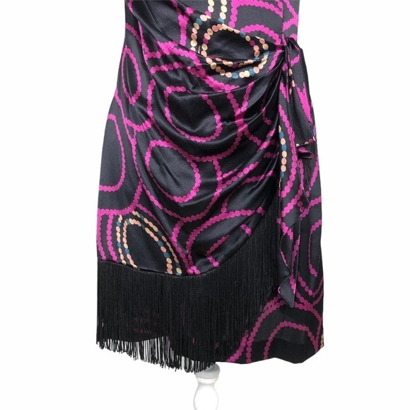 Trina Turk 100% silk one-shoulder black purple dress LBD fringe faux wrap 4 - Picture 2 of 13